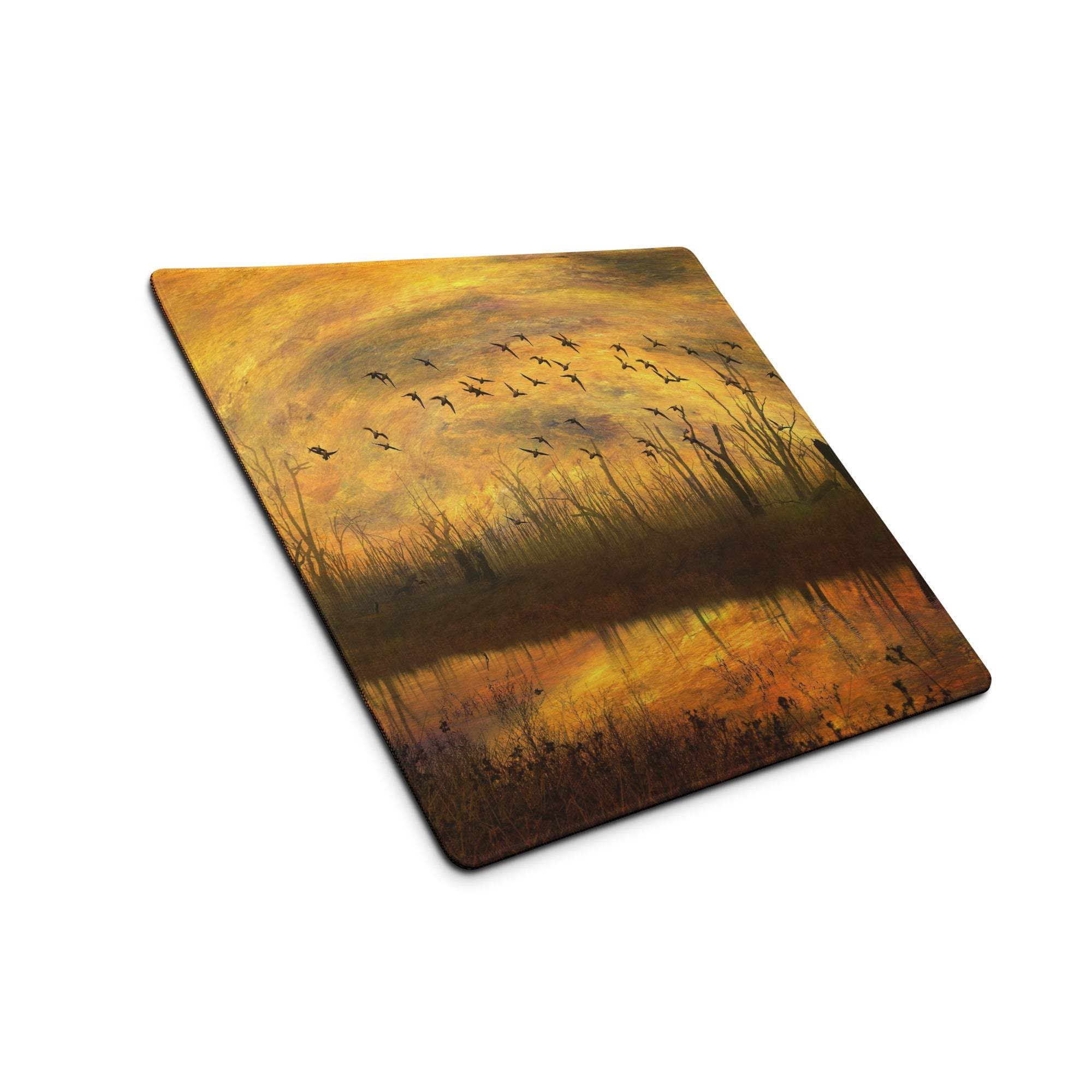 Impressionist sunset gaming mouse pad with birds in golden tones