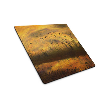 Impressionist sunset gaming mouse pad with birds in golden tones