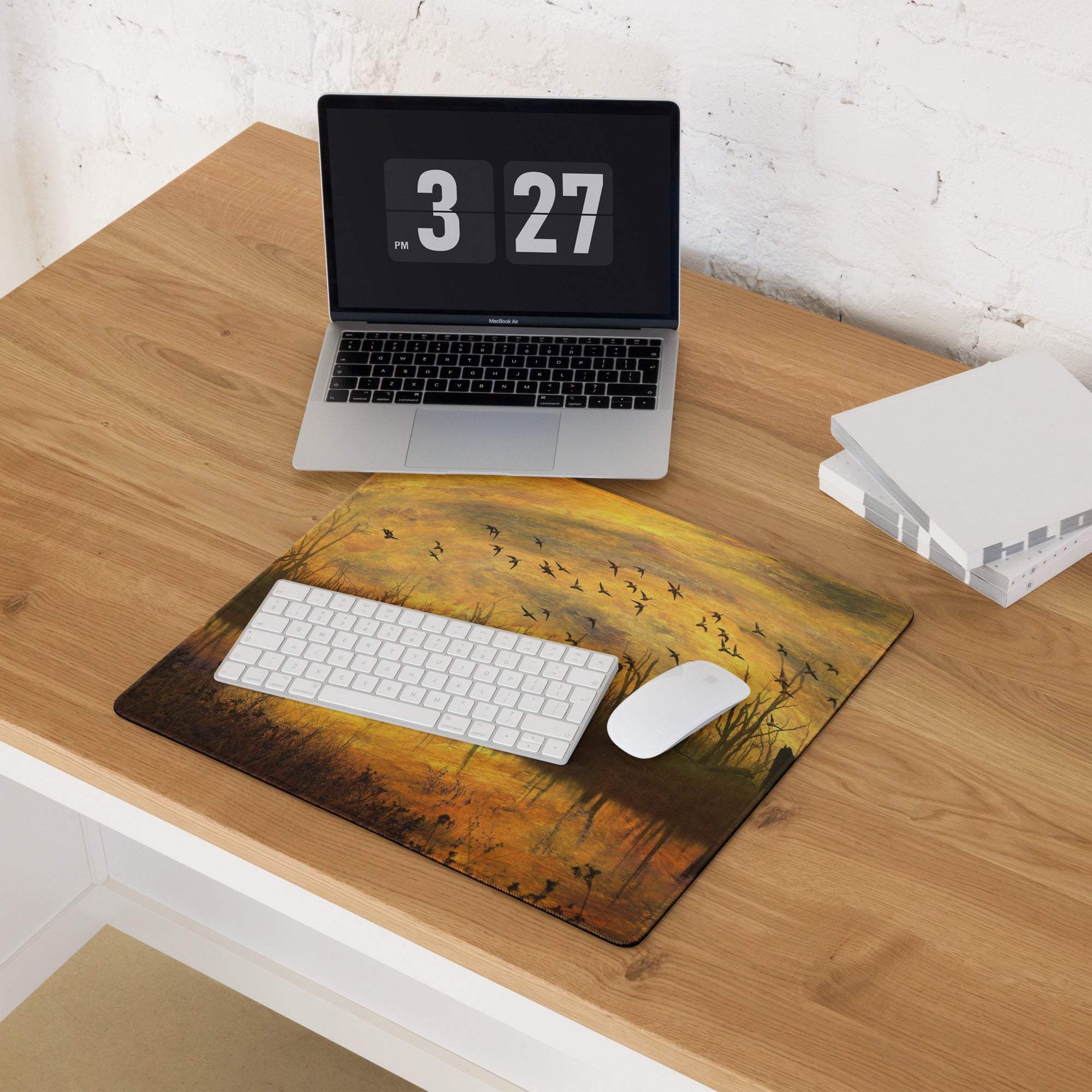 Impressionist sunset mousepad with birds in golden warm tones