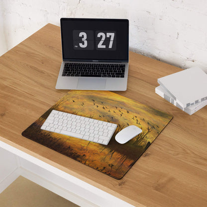 Impressionist sunset mousepad with birds in golden warm tones