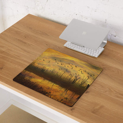 Impressionist sunset gaming mouse pad with silhouetted birds