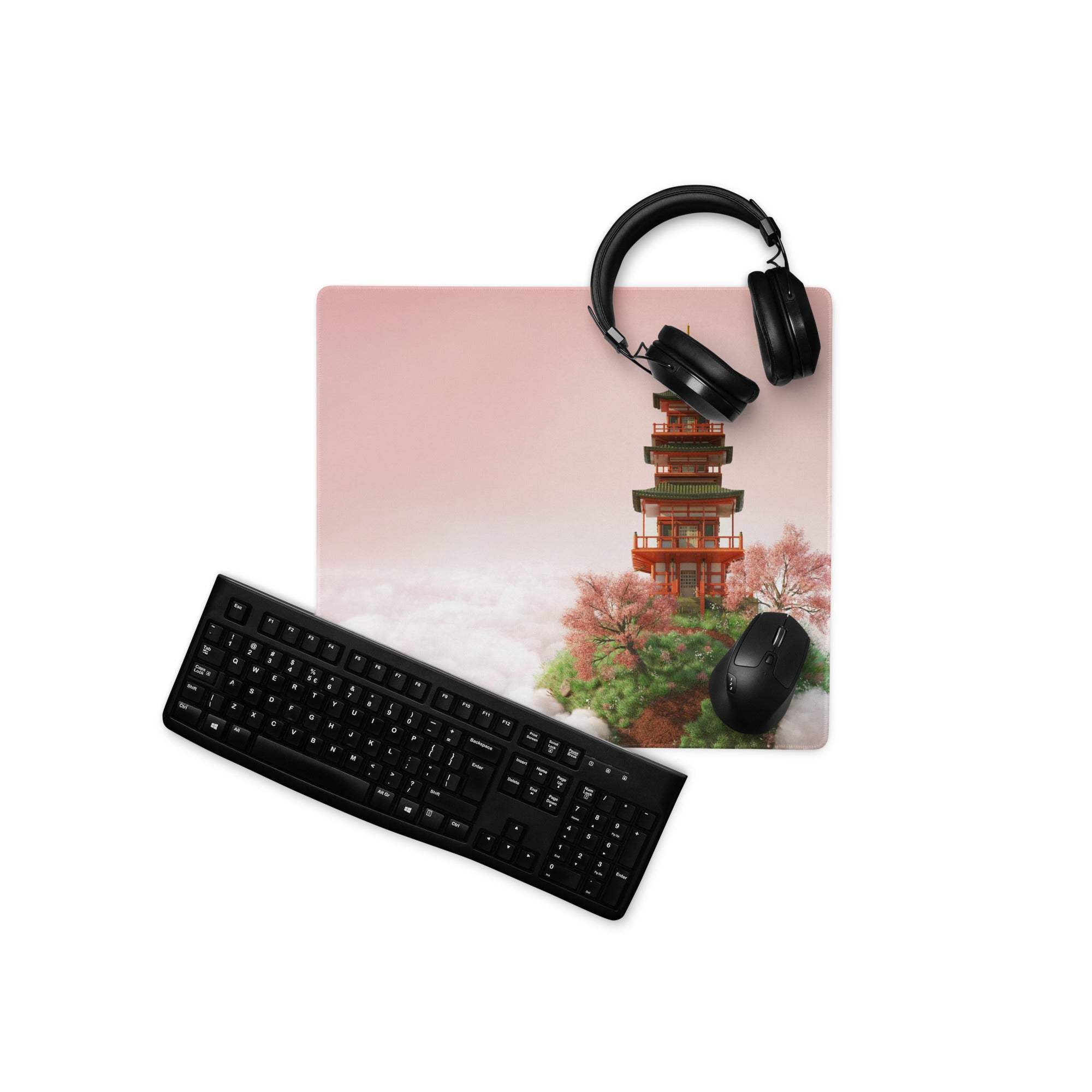 Pink pagoda on clouds gaming mouse pad with cherry blossoms and stitched edge