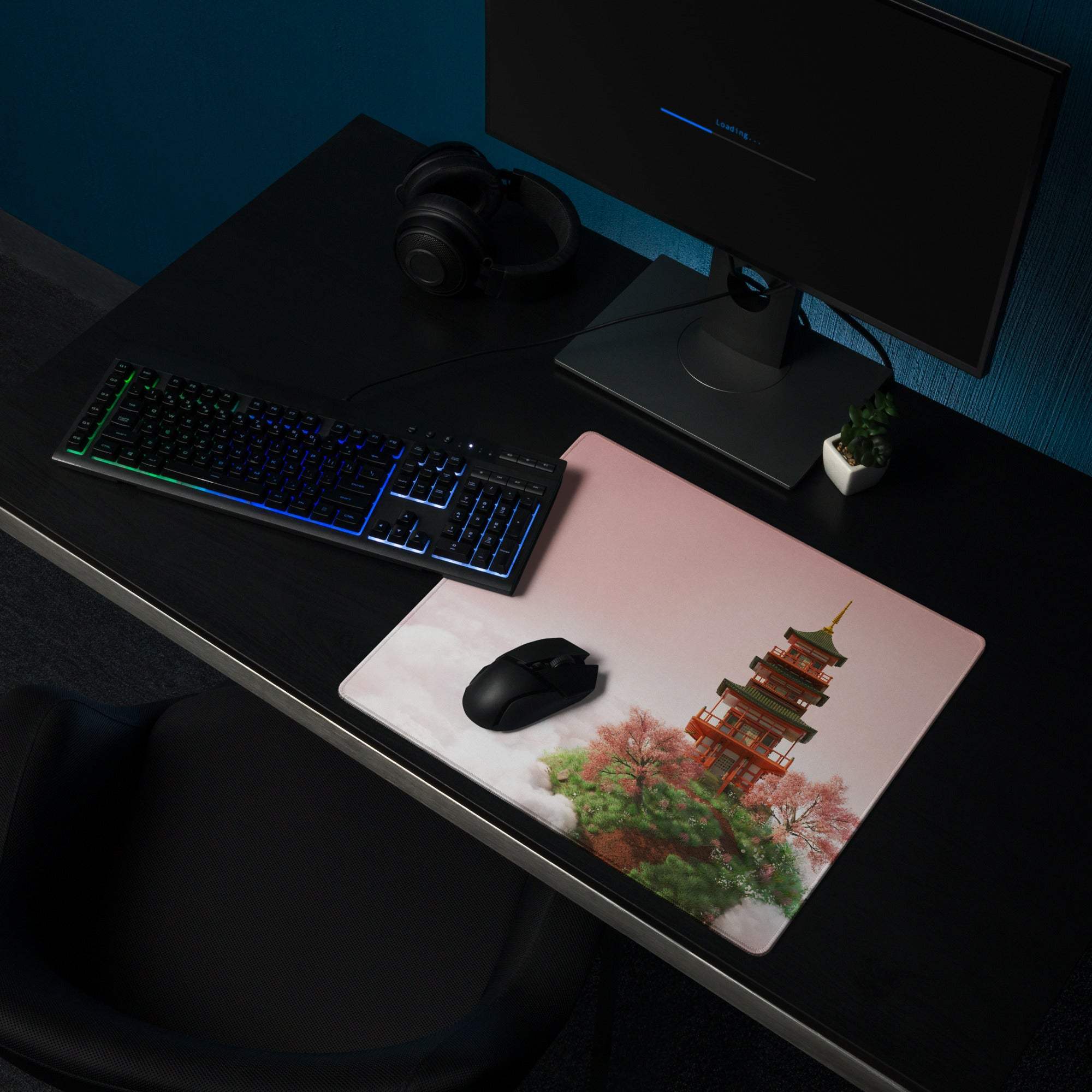Pink pagoda on clouds gaming mouse pad with non-slip backing