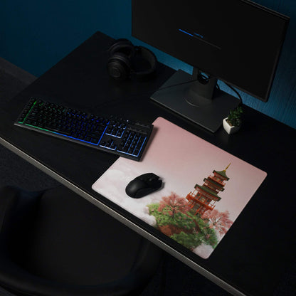 Pink pagoda on clouds gaming mouse pad with non-slip backing
