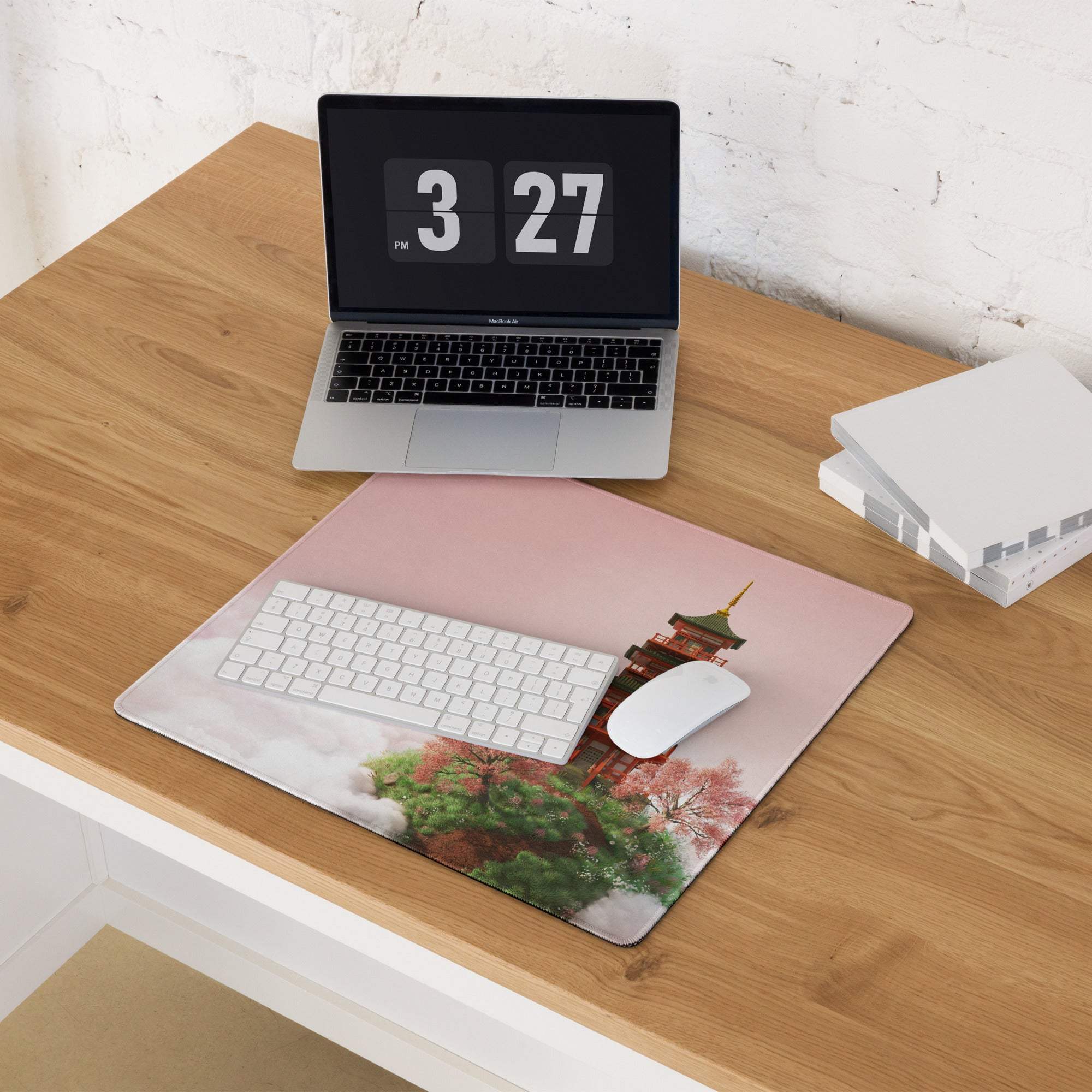 Pink sky pagoda on clouds large gaming mouse pad with cherry blossoms