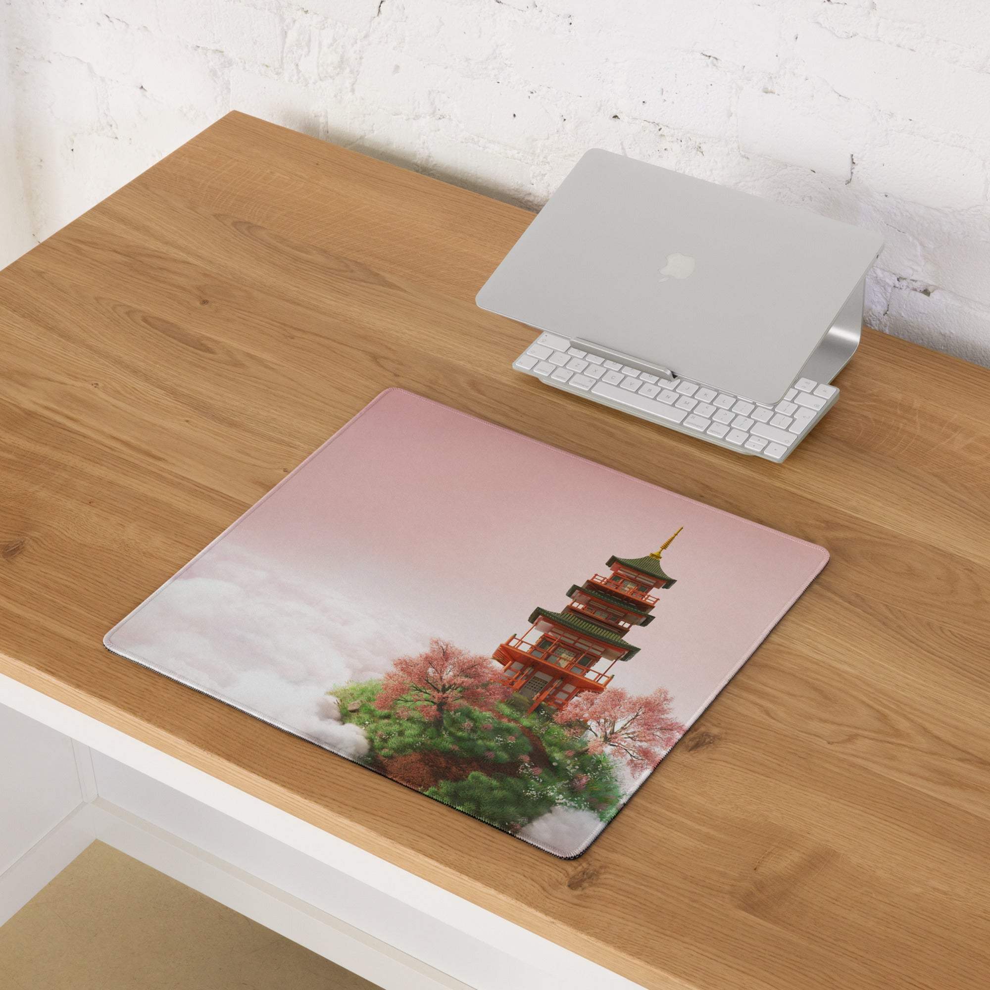 Dreamy pink sky pagoda on clouds large gaming mouse pad with red pagoda and cherry blossoms