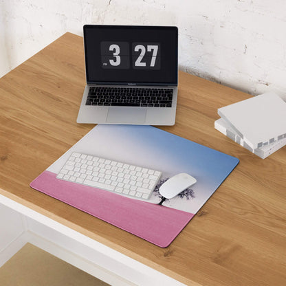 Large pastel pink to blue gradient gaming mouse pad with black tree silhouette