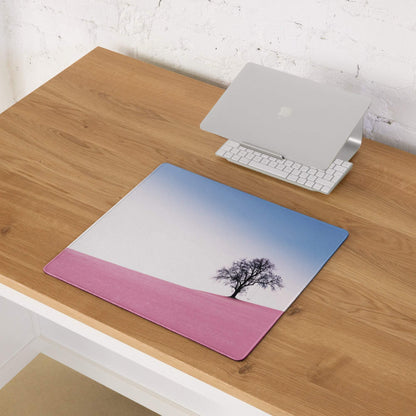 Large pastel pink landscape gaming mouse pad with tree silhouette gradient sky