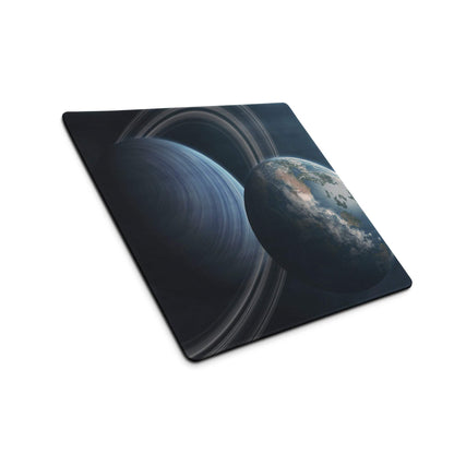 Large cosmic Saturn gaming mouse pad with Earth, non-slip base, stitched edges