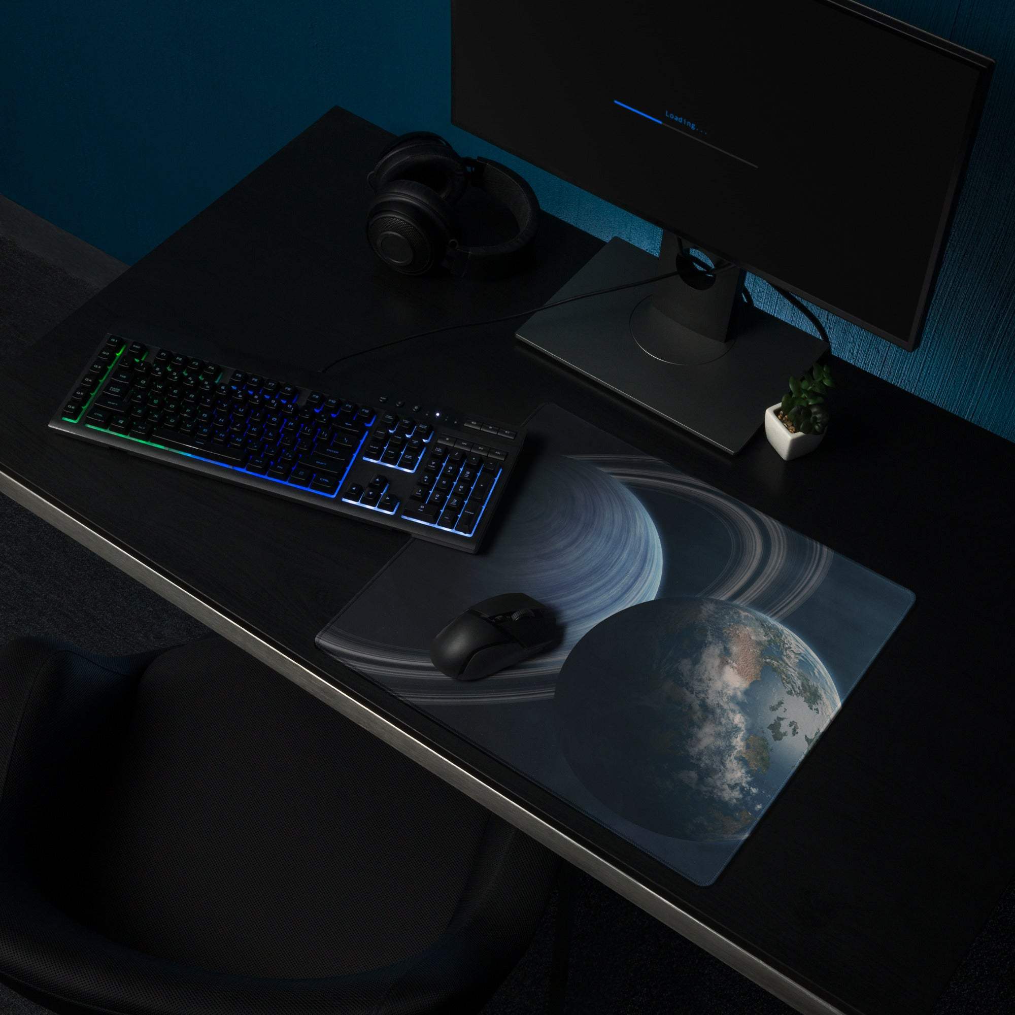 Large cosmic space gaming mouse pad with Saturn, Earth, rings, non-slip base