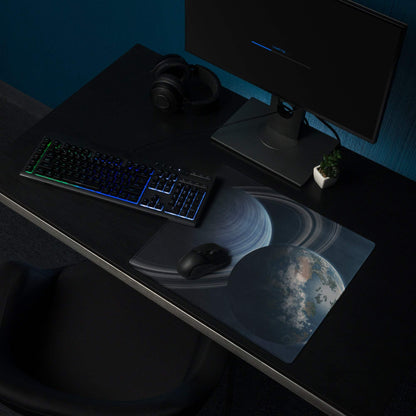 Large cosmic space gaming mouse pad with Saturn, Earth, rings, non-slip base