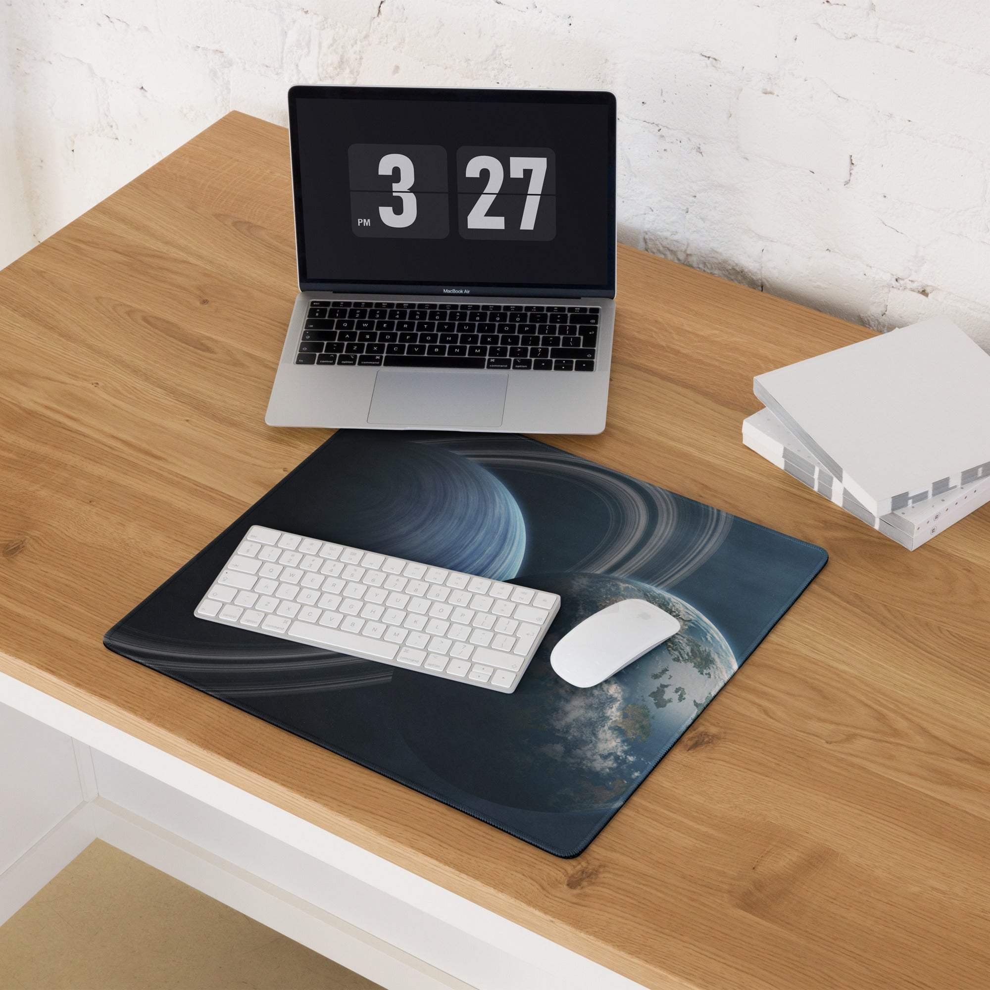 Black Saturn rings mousepad, large cosmic space gaming, non-slip base