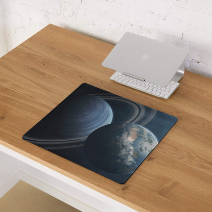 Large cosmic space gaming mouse pad with Saturn, Earth in blues, grays, non-slip base