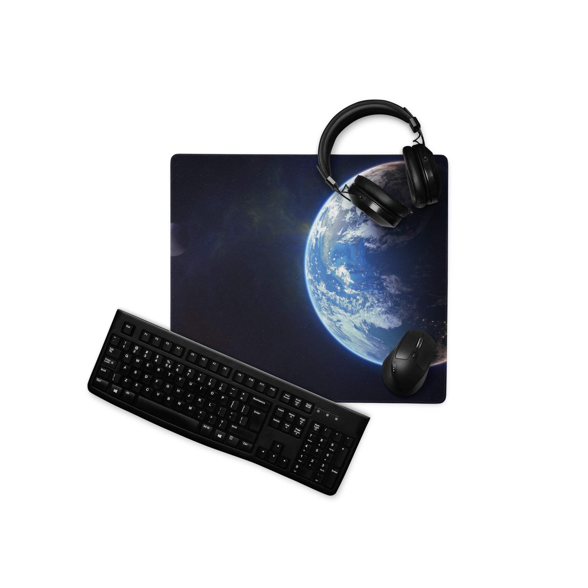 Black gaming mousepad with vivid Earth from space design, non-slip surface