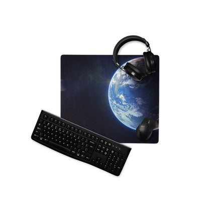 Black gaming mousepad with vivid Earth from space design, non-slip surface