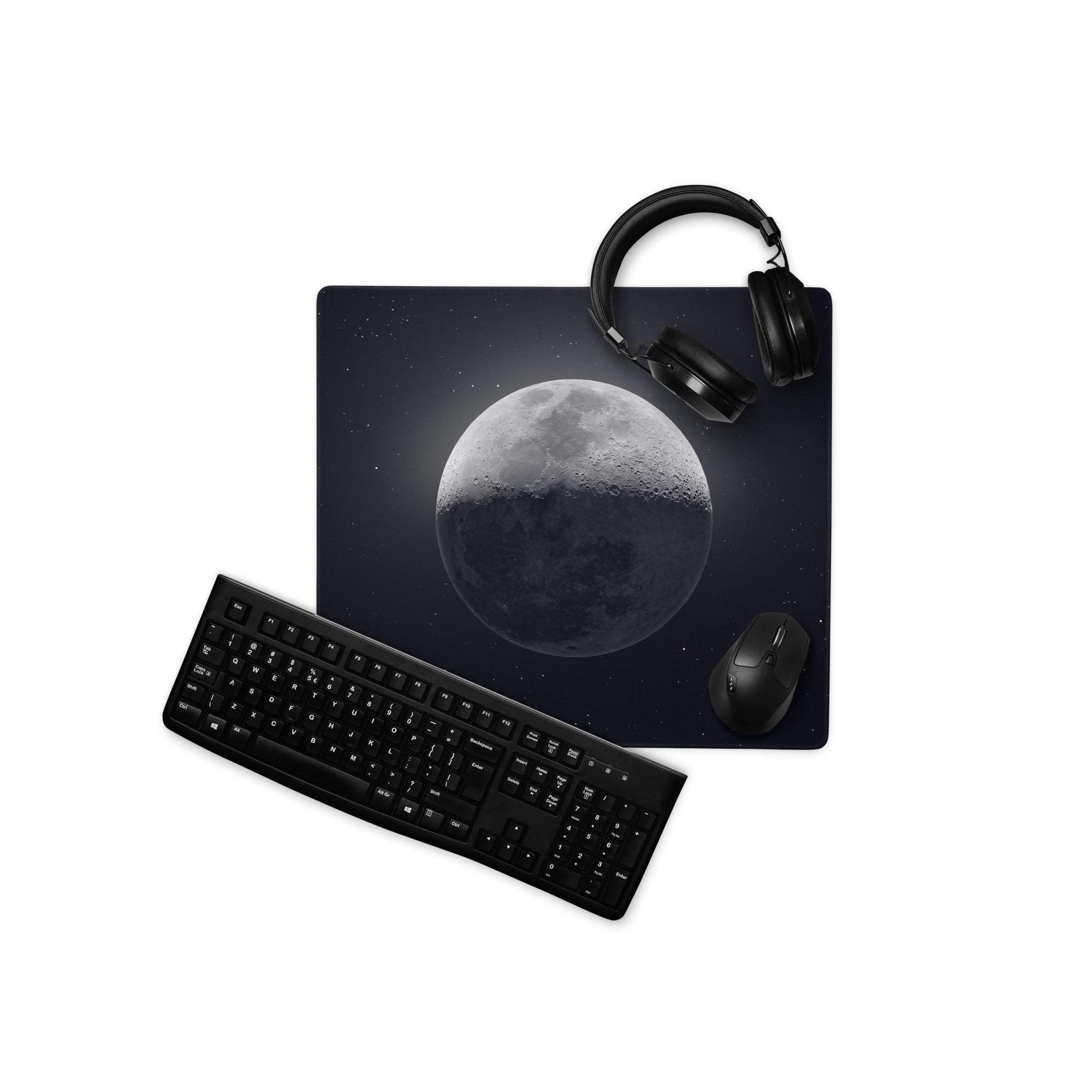 Large Celestial Moon midnight black gaming mouse pad with starry grayscale moon