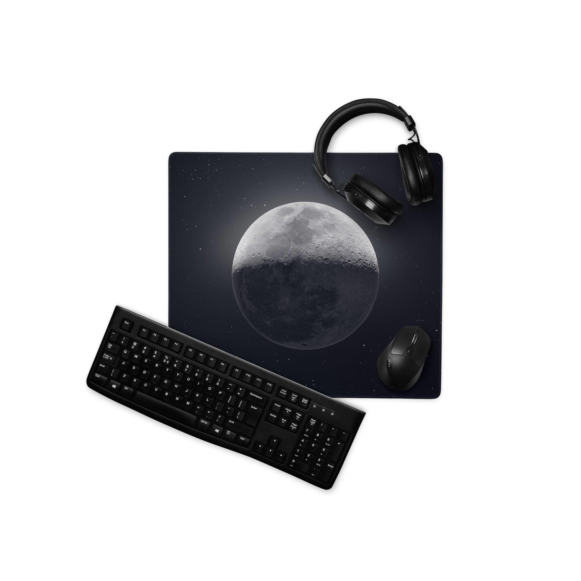 Large Celestial Moon midnight black gaming mouse pad with starry grayscale moon