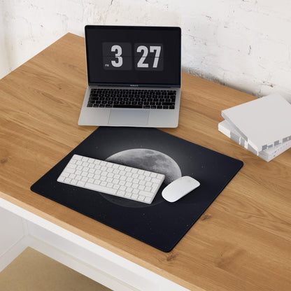 Large black gaming mousepad with grayscale moon and starry sky design