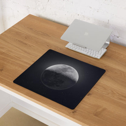 Large black Celestial Moon gaming mouse pad with grayscale moon and starry sky