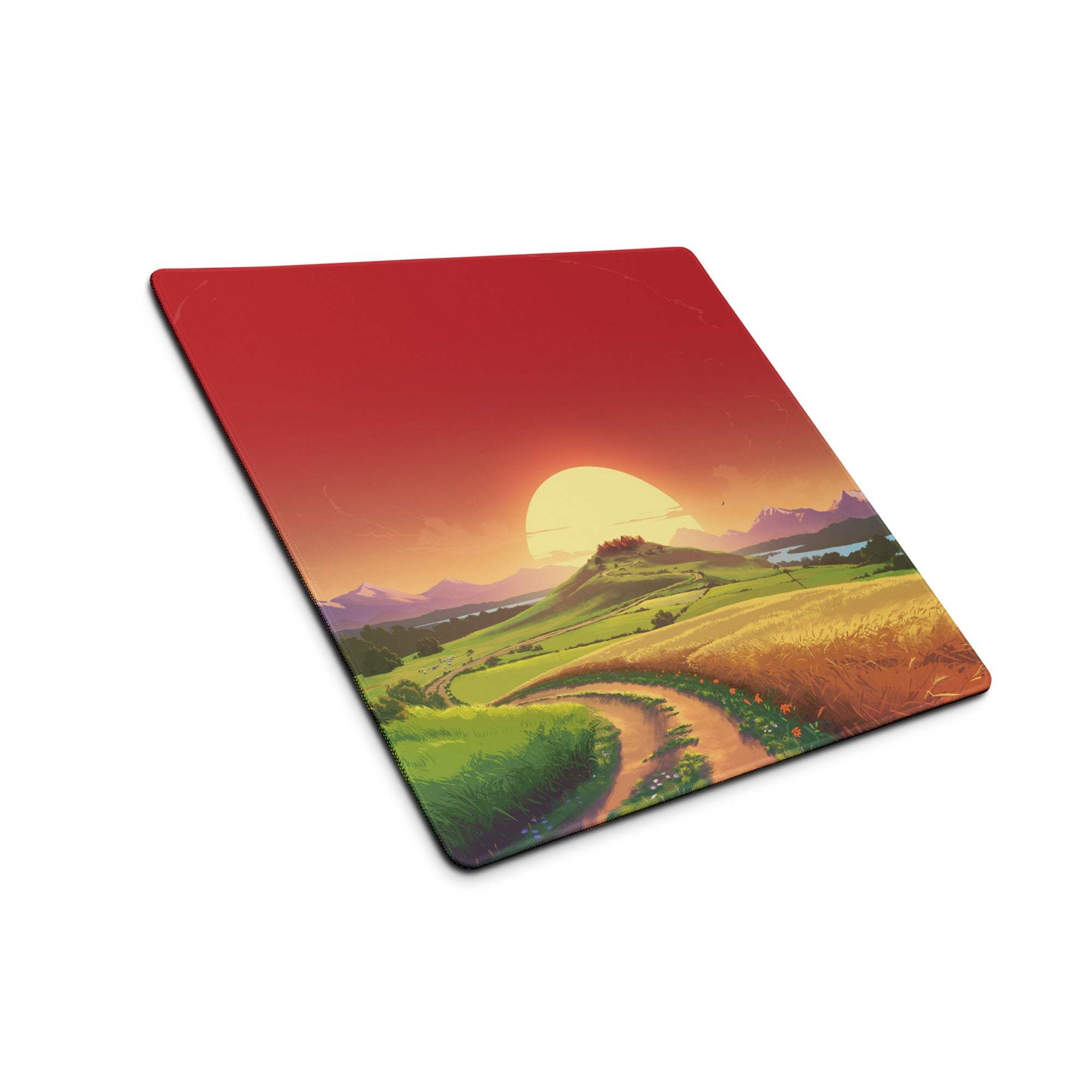 Vibrant sunset landscape gaming mouse pad with hills path, large stitched non-slip base