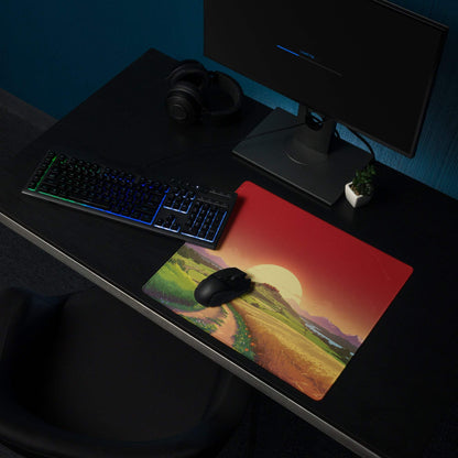 Vibrant red orange sunset gaming mousepad with hills path and black mouse