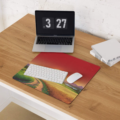 Vibrant sunset landscape gaming mouse pad with green fields and non-slip base