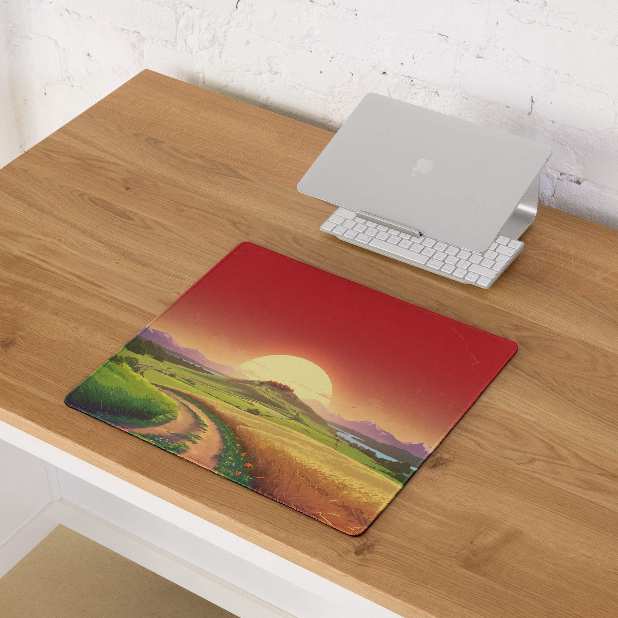 Vibrant sunset landscape gaming mouse pad with hills, fields, mountains