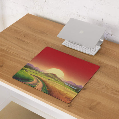 Vibrant sunset landscape gaming mouse pad with hills, fields, mountains