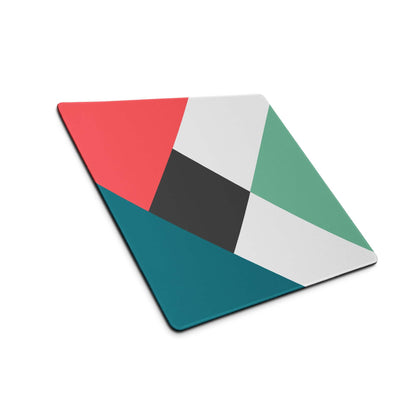 Geometric multicolor mouse pad with teal mint red black triangles non-slip stitching