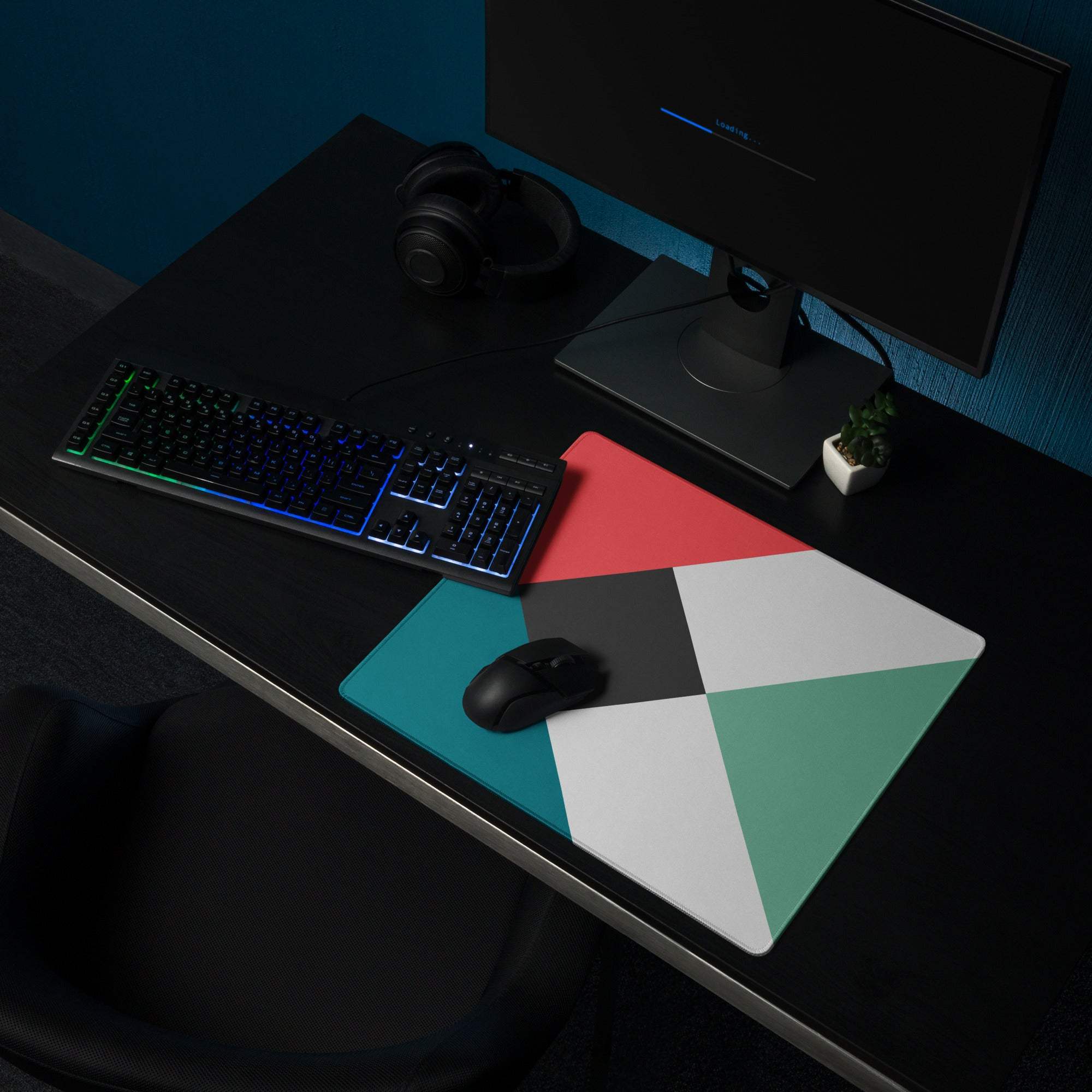 Modern geometric gaming mouse pad in red teal white green triangles non-slip stitched