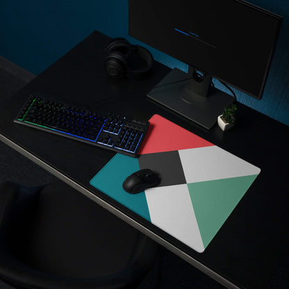 Modern geometric gaming mouse pad in red teal white green triangles non-slip stitched