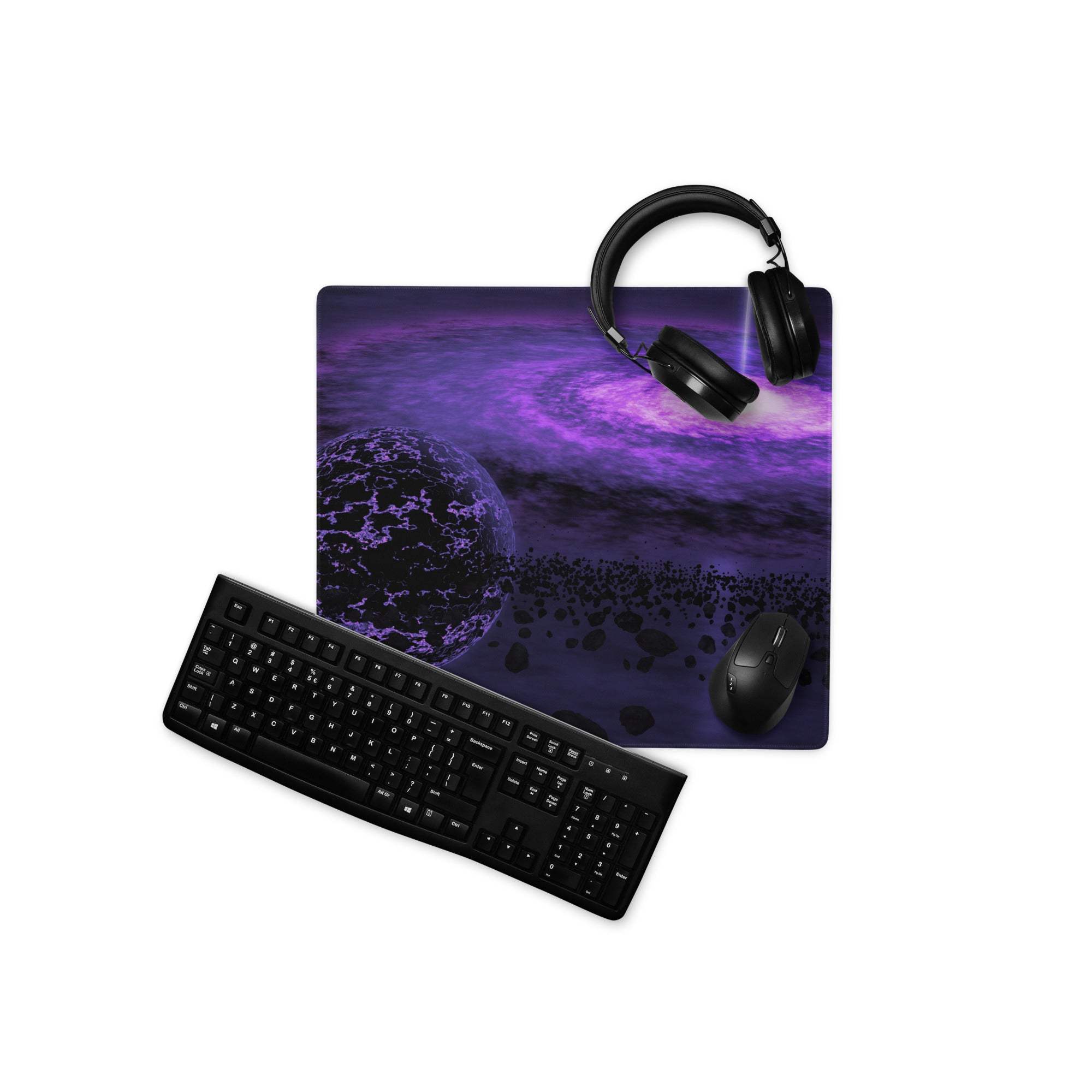 Purple galaxy mousepad with nebula, planet, headphones, non-slip base