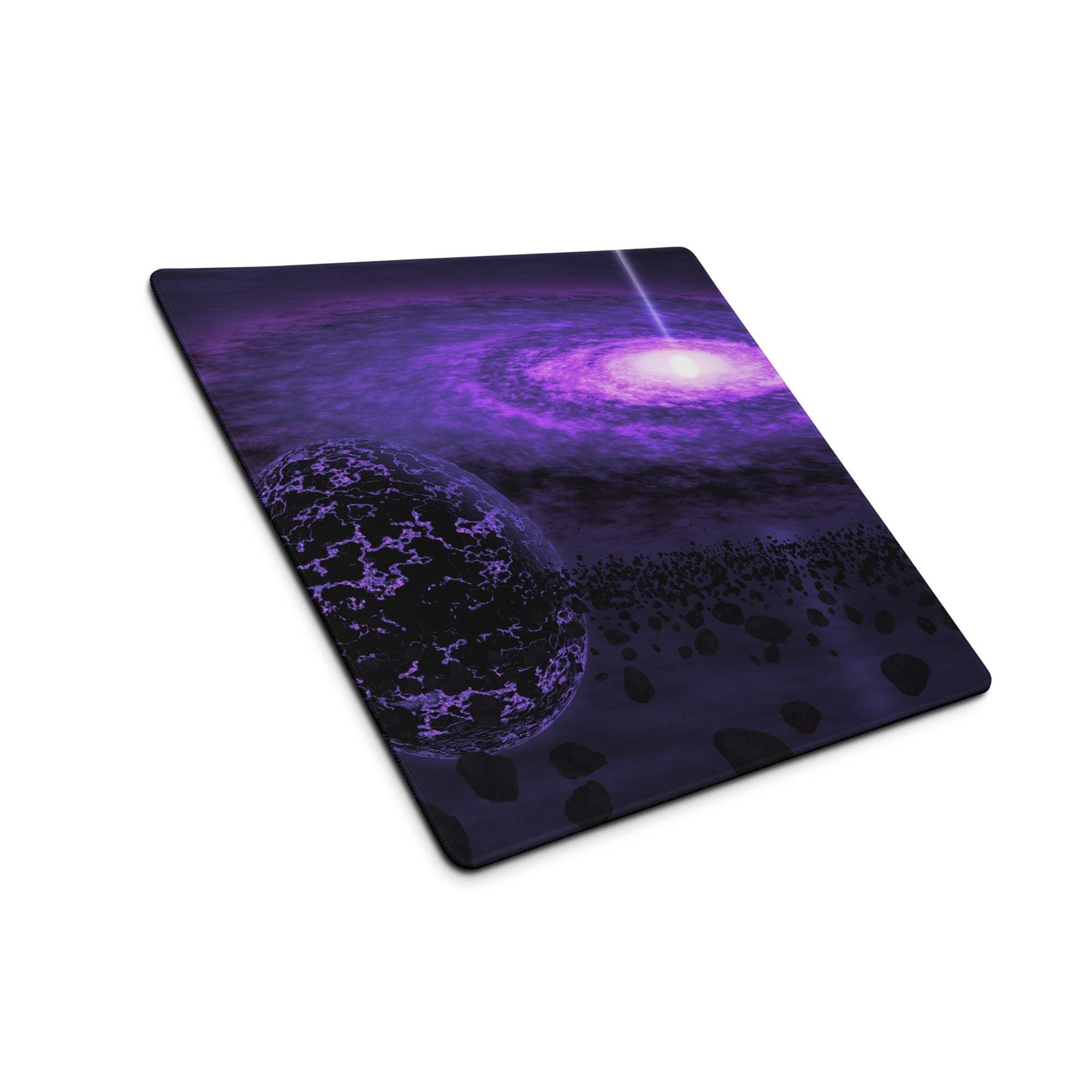 Purple galaxy gaming mouse pad with nebula, non-slip base, stitched edges