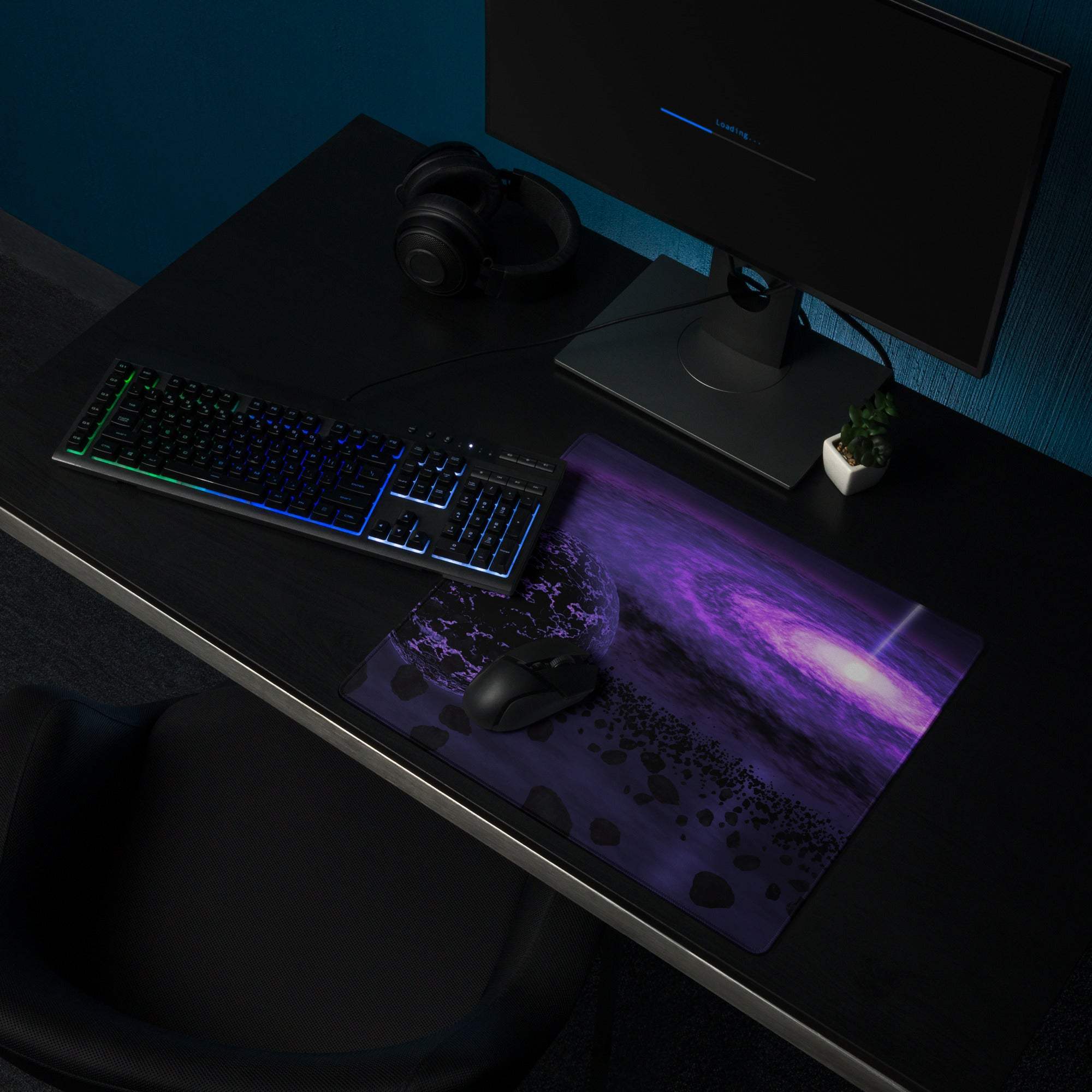 Purple galaxy gaming mouse pad with nebulae, rocky terrain, non-slip base