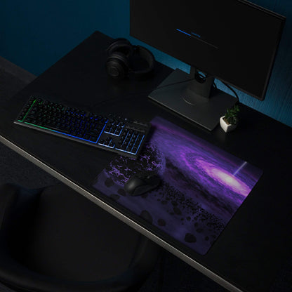 Purple galaxy gaming mouse pad with nebulae, rocky terrain, non-slip base