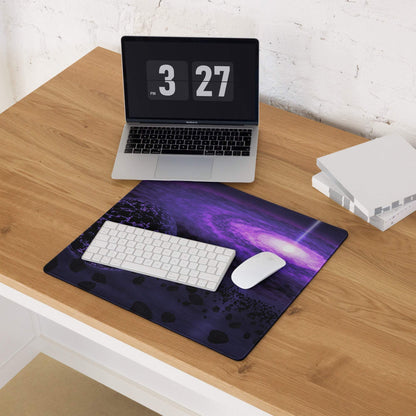 Purple cosmic galaxy gaming mouse pad with non-slip base and stitched edges