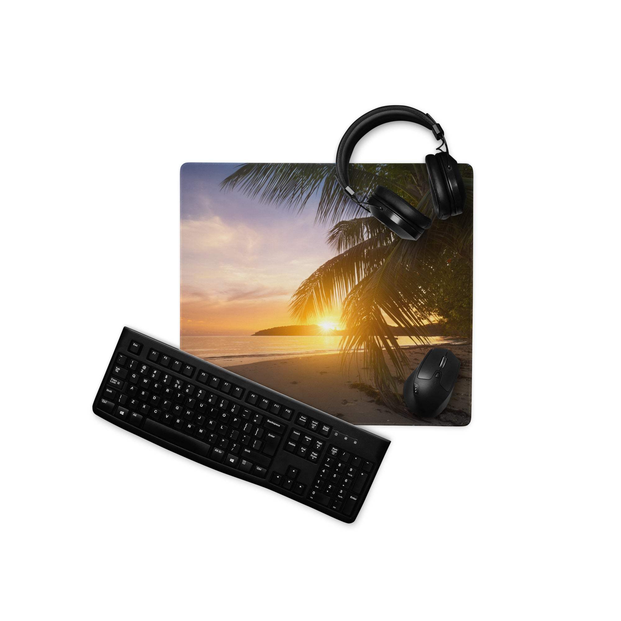 Large tropical sunset beach gaming mouse pad with black keyboard and mouse