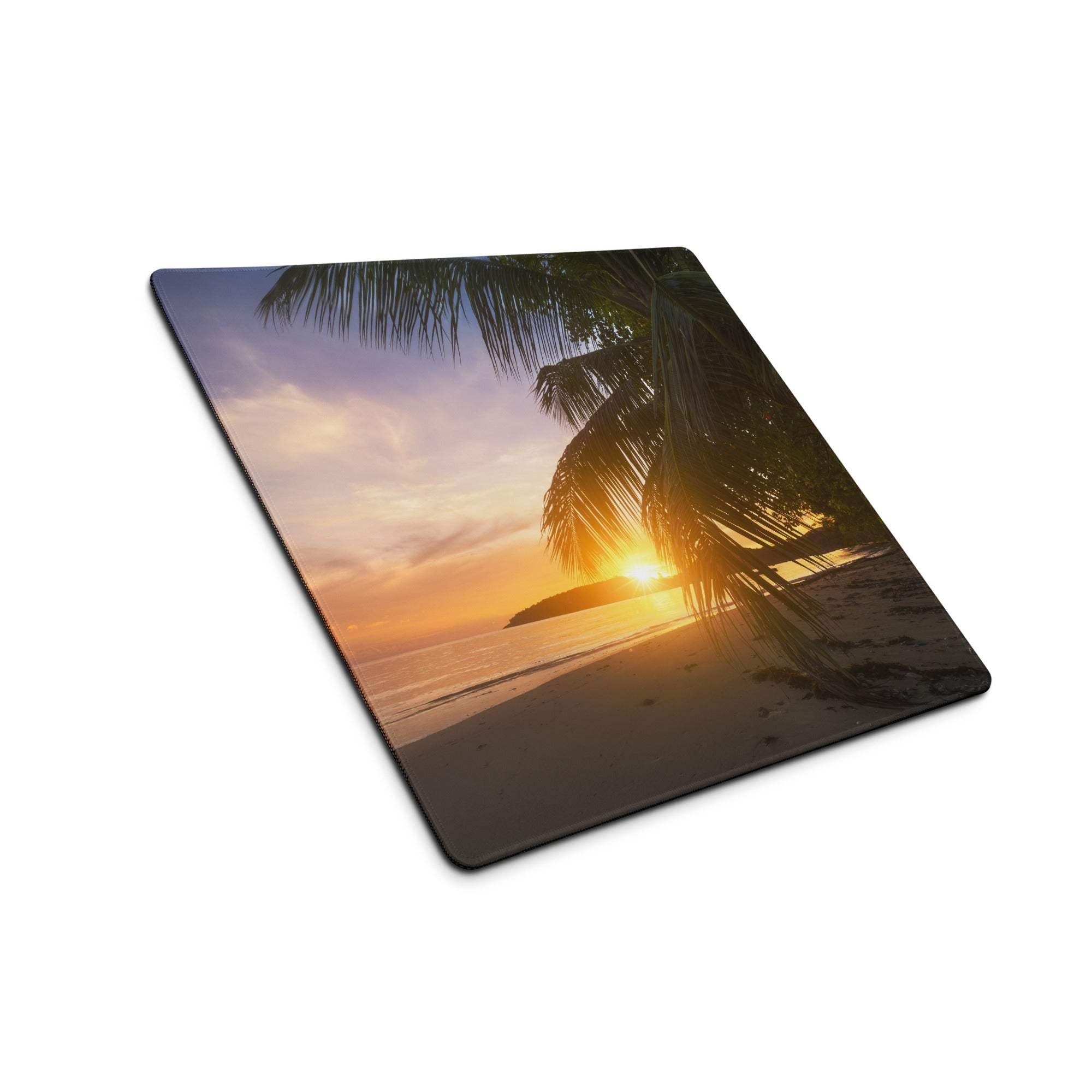 Large tropical sunset beach gaming mouse pad with orange purple sky and palm silhouettes