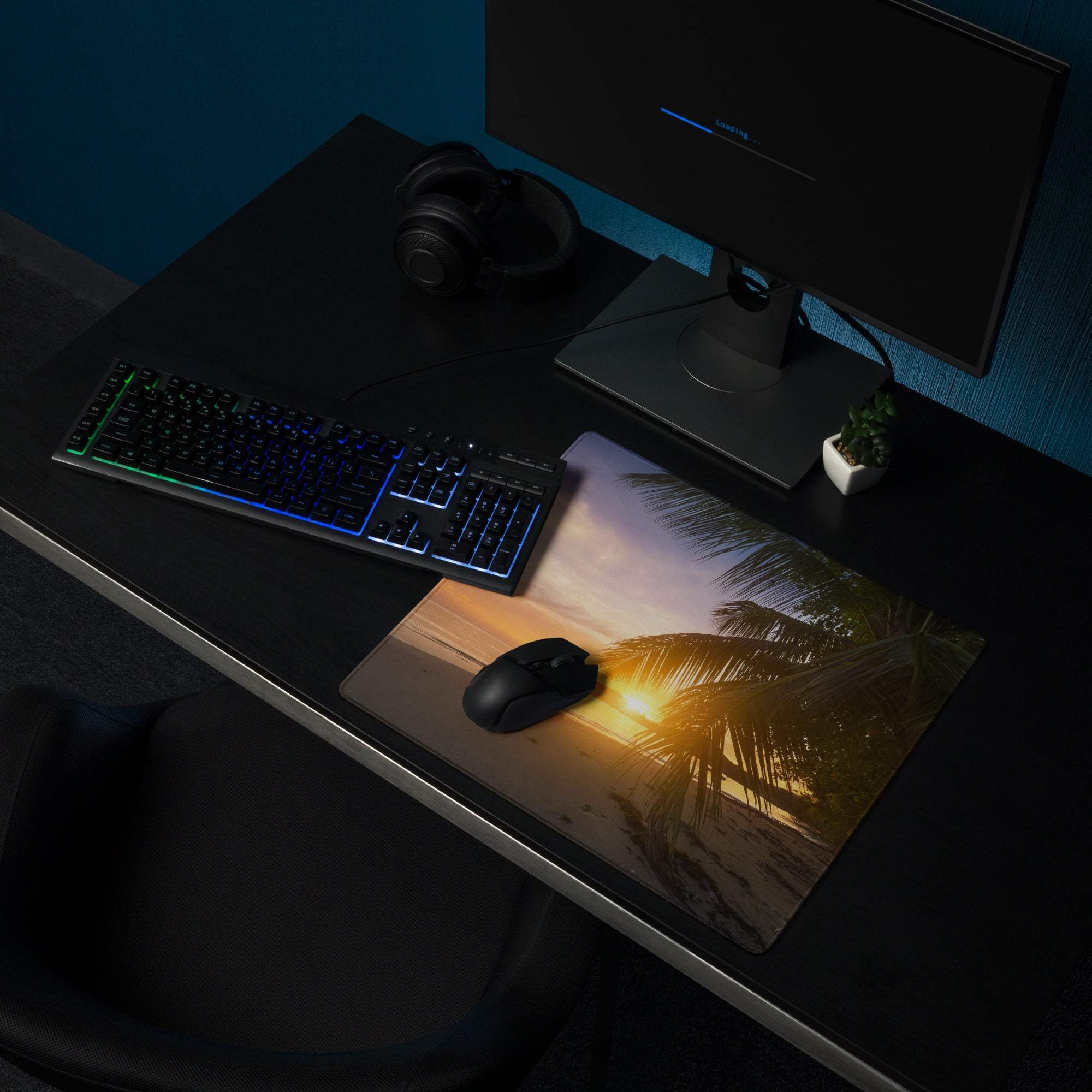 Large tropical sunset beach gaming mouse pad with palm trees and golden hues