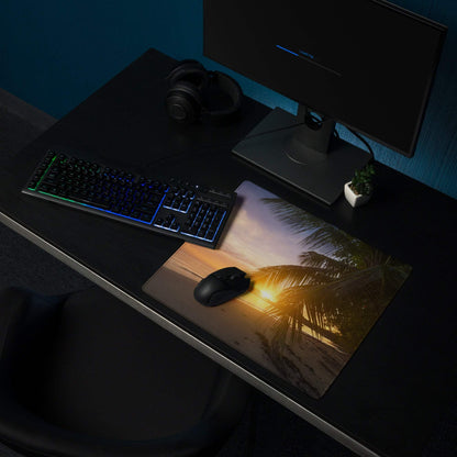 Large tropical sunset beach gaming mouse pad with palm trees and golden hues