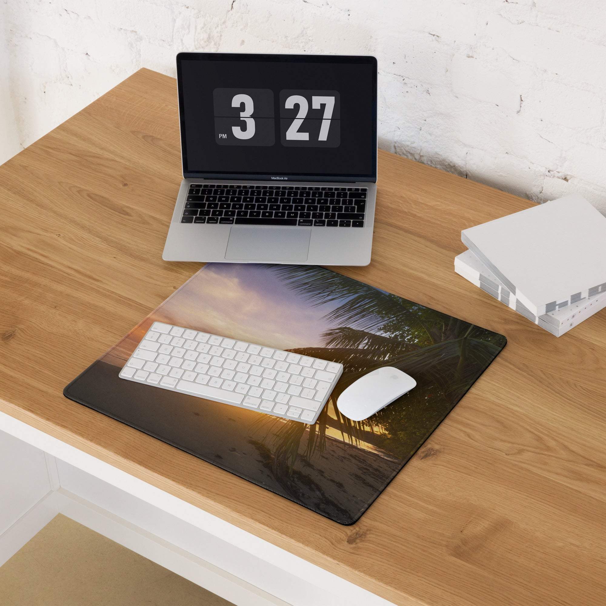 Large tropical sunset gaming mouse pad with palm trees, golden hues, non-slip base