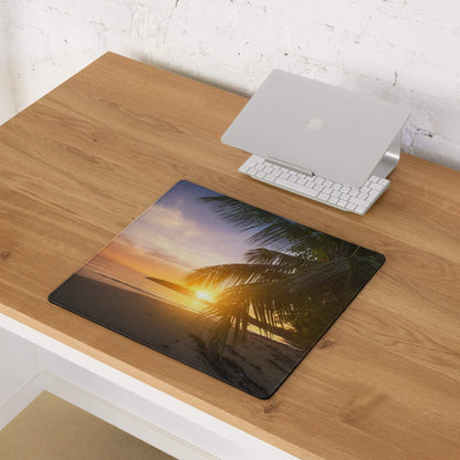 Large tropical sunset gaming mouse pad with palm trees, non-slip base