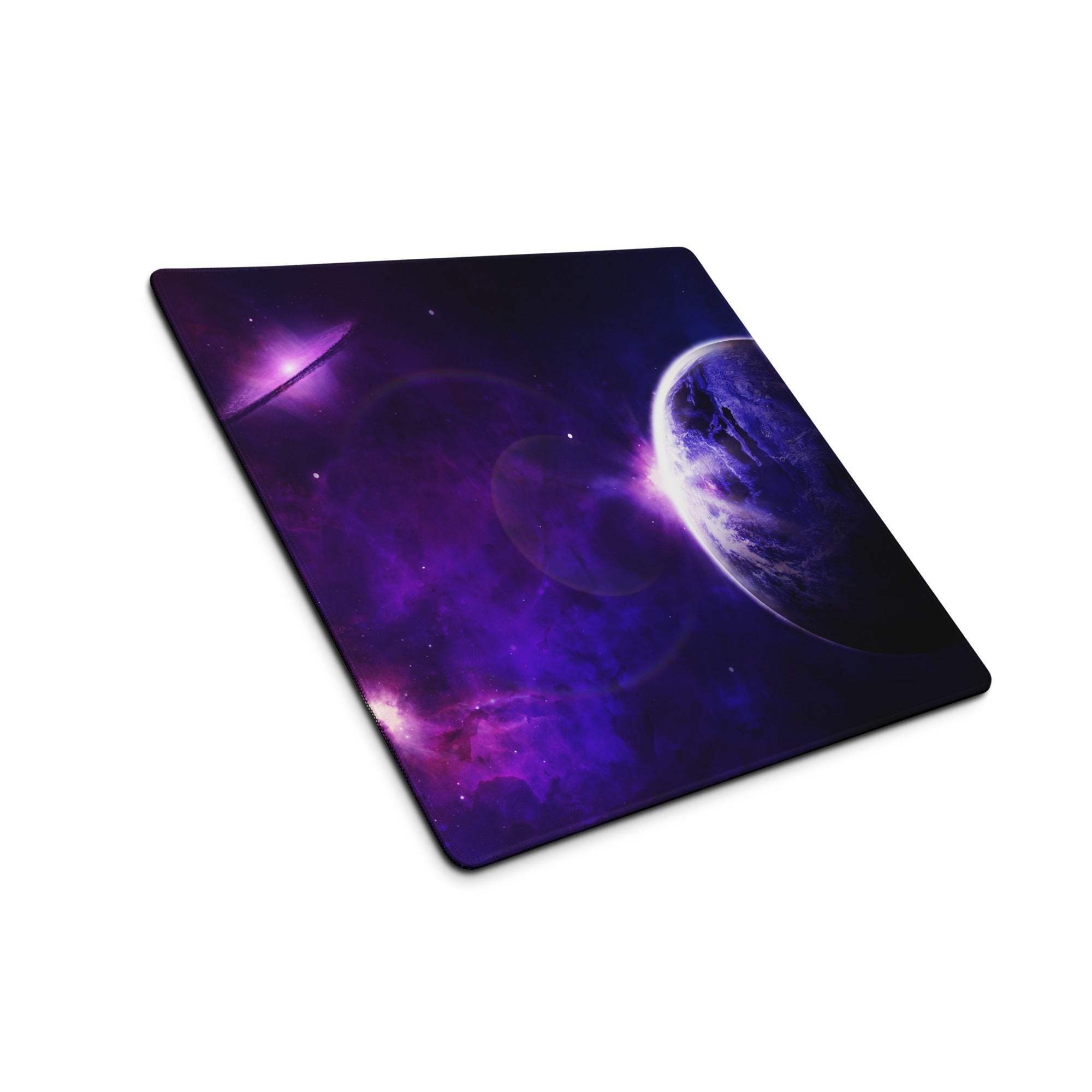 Purple cosmic nebula gaming mouse pad with non-slip base and stitched edges