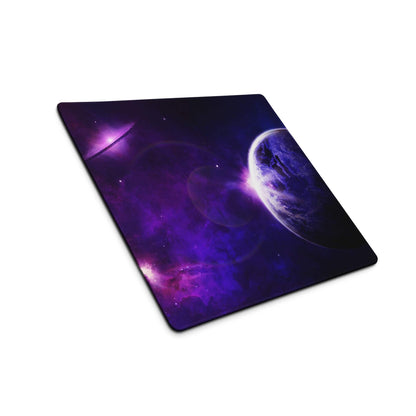 Purple cosmic nebula gaming mouse pad with non-slip base and stitched edges