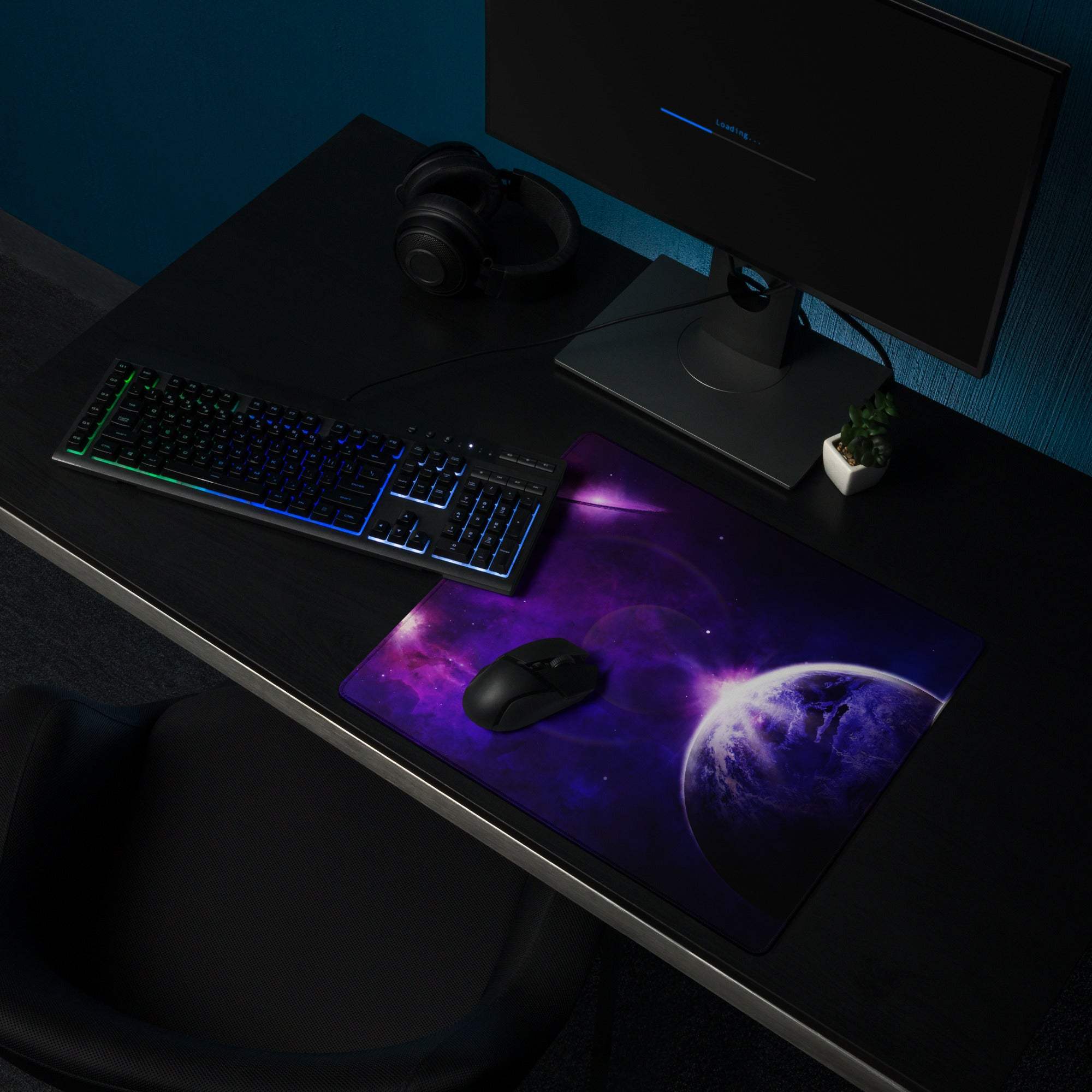 Purple galaxy gaming mousepad with Earth, nebulae, stars, non-slip base