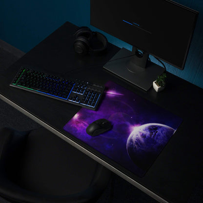 Purple galaxy gaming mousepad with Earth, nebulae, stars, non-slip base