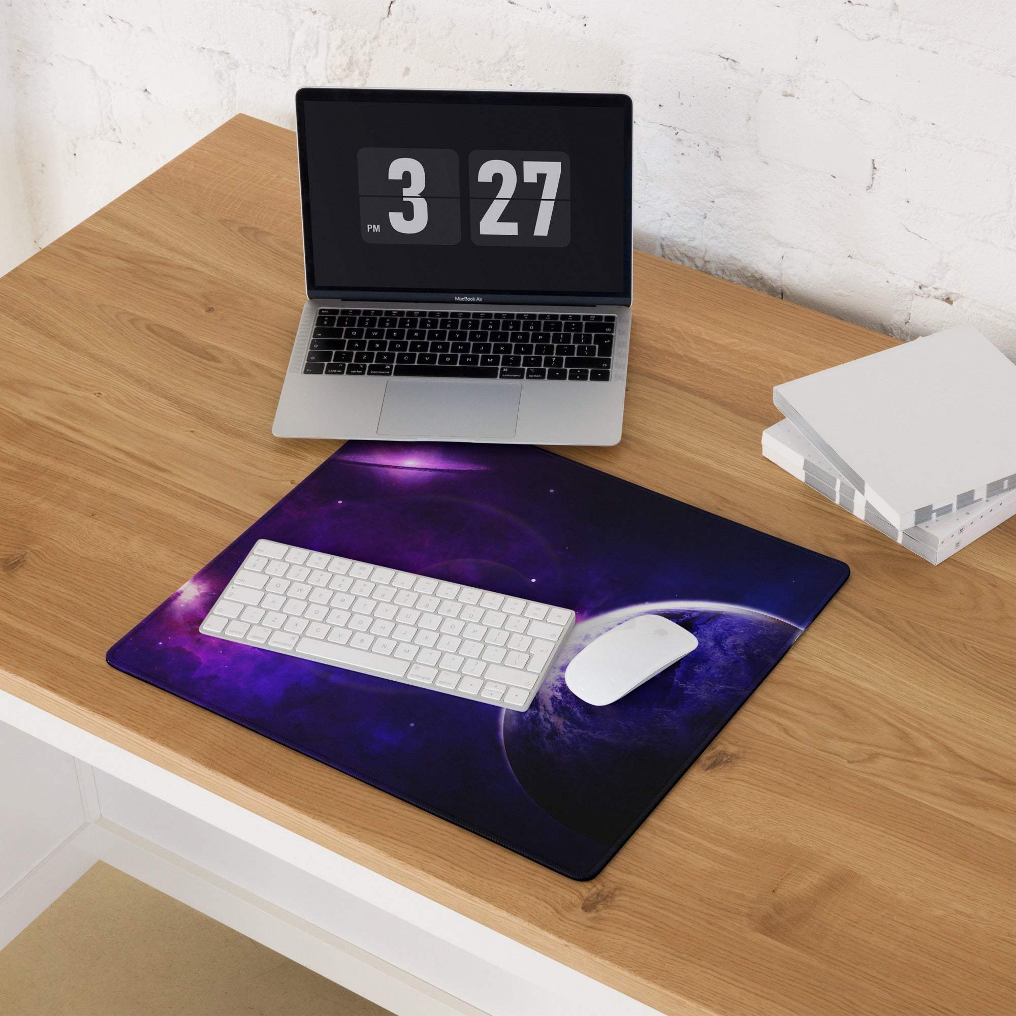 Purple galaxy nebula gaming mouse pad with planet print and non-slip base