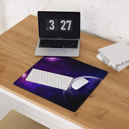Purple galaxy nebula gaming mouse pad with planet print and non-slip base