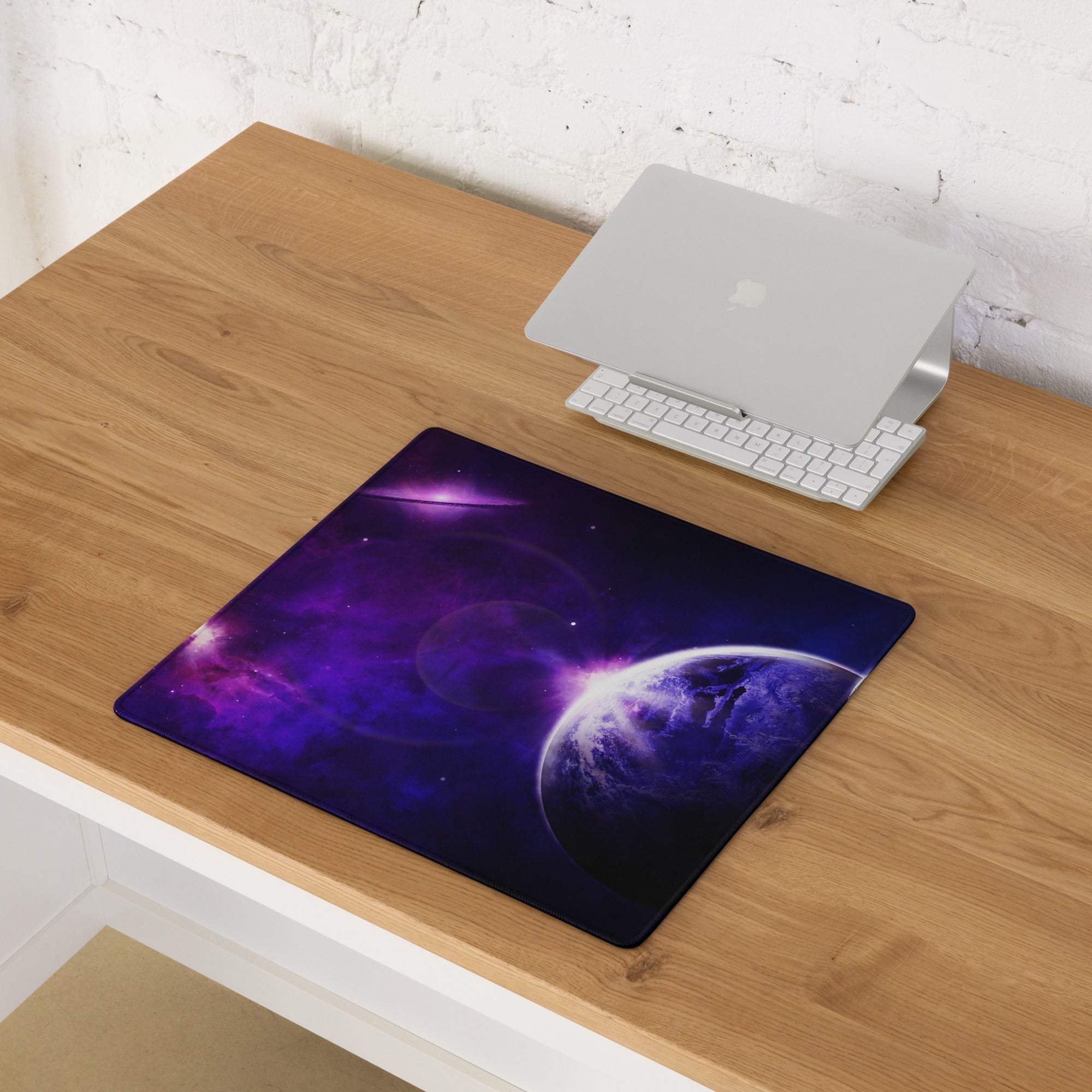 Cosmic purple nebula large gaming mouse pad with planet and nebulae