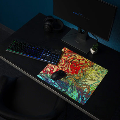 Vibrant abstract swirl gaming mouse pad in red yellow teal blue hues